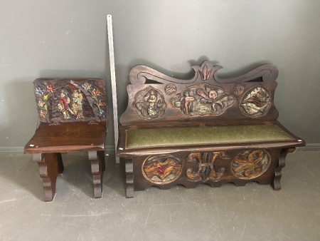 Hand Carved Spanish Timber Bench Set with Smaller Folding Chair