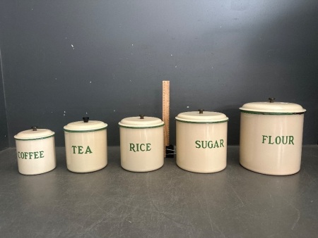 Set 5 Mid Century Enamelware Cream & Green Food Canisters