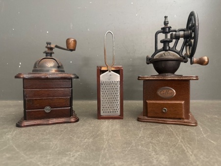 2 Wooden Coffee Grinders and Cheese / Garlic Grater