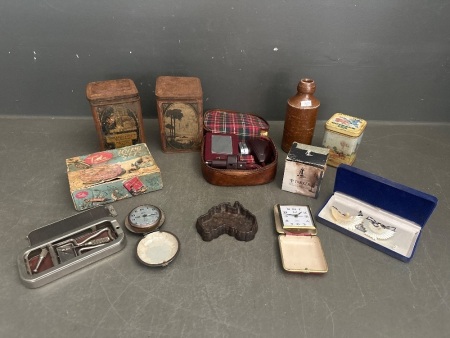 Mixed Vintage Lot inc. Parker Writing Ink, Philips Portable Shaver, Rolls Razor, Clocks & Tins