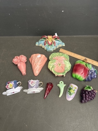 Lot of Art Deco Floral + Fruit Themed Wall Vases