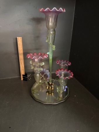 Victorian Glass Epergne with Rose & Possible Manganese Glass