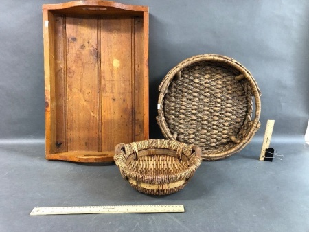 Timber Tea Tray + 2 Woven Baskets