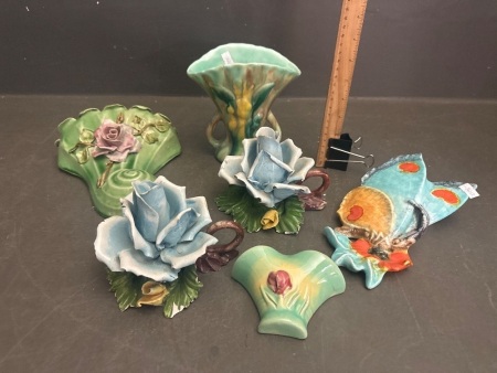 Lot of Floral Themed Candle Holders + Vases + Wall Vases