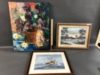 2 Framed Original Paintings by Mim Bates c1980's & Oil on Canvas by R.Garland-Sticovich