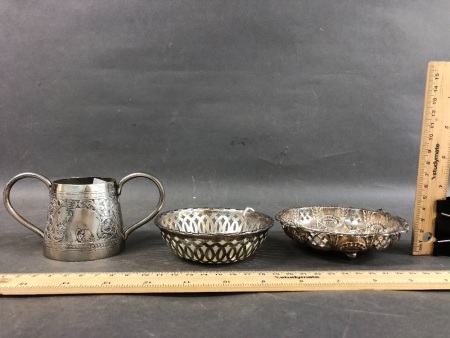 Walker & Hall Repousse Sterling Silver Petis Four Bowl, Fretwork Sterling Silver Bowl + Indian Silver Loving Cup