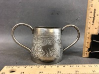 Walker & Hall Repousse Sterling Silver Petis Four Bowl, Fretwork Sterling Silver Bowl + Indian Silver Loving Cup - 12