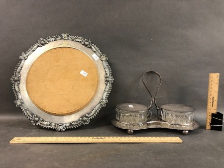 Antique Silver Plate Bread Board & Tray + Double Condiment Set