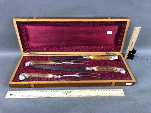 Antique Boxed 4 Piece Antler & Silver Shell Handled Carving Set