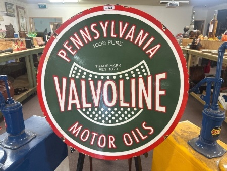 Pennsylvania Valvoline Motor Oils Large Double-Sided Round Enamel Sign
