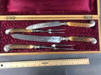 Antique Boxed 4 Piece Antler & Silver Shell Handled Carving Set - 3