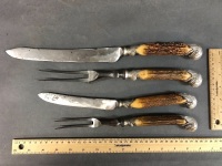 Antique Boxed 4 Piece Antler & Silver Shell Handled Carving Set - 4