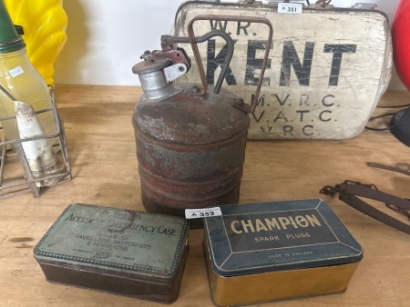 Vintage Oil Can, Spark Plug Tin, Emergency Case