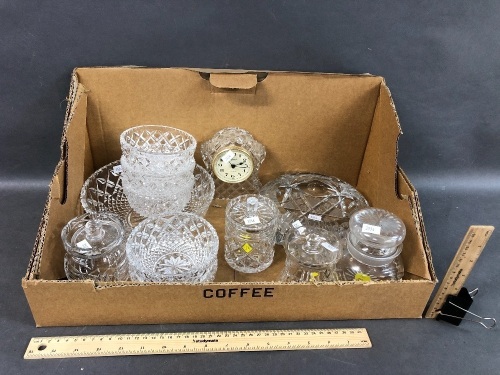 Lot of Asstd. Glass & Crystal inc, Clock, Pickle Jars etc