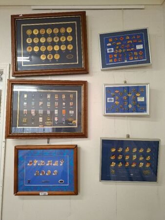 6x Mounted/Framed Olympic Badges and Pins