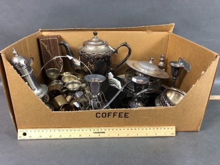 Large Asstd Lot of Silver Plate inc. Napkin Rings, Toast Racks, Cruet, Tray, Coffee Pot Etc