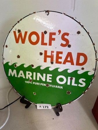 Wolfs Head Marine Oils Enamel Sign