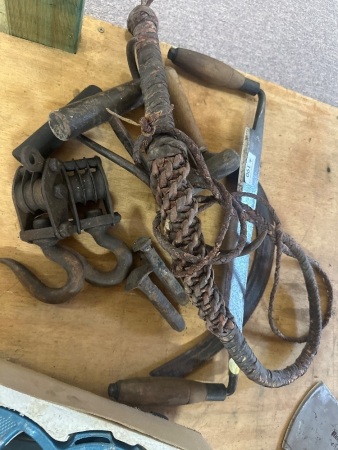 Vintage Lot Inc Draw Knife - Sickle - Pulleys - Bag Hooks - Bull Whip