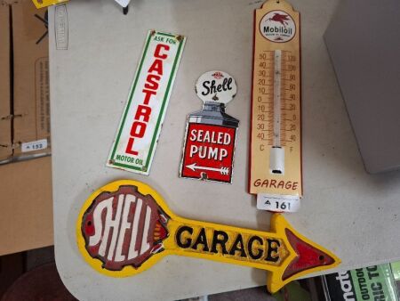 2 Small Enamel Badges Castrol and Shell - Mobile Oil Thermometer - Plus Shell Garage Cast Alloy Plaque