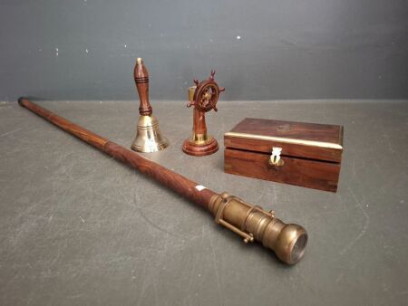 Nautical Lot - Incs Compass Walking Stick + Bell + Wooden Box&nbsp;