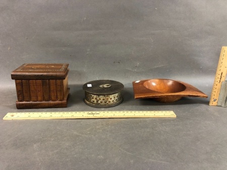 Vintage Inlaid Trinket Box (As Is), Cedar Bowl & Indian Trinket Box