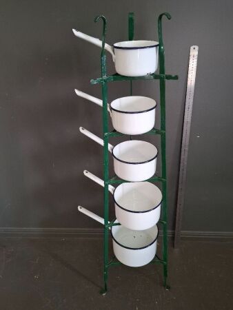 Mid Century Enamel Saucepans with Stand - In Good Condition