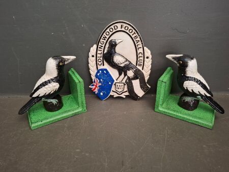 1x Collingwood Football Club Cast Iron Sign + 2x Magpie Book Ends