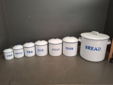 7x Vintage Enamel Cascading&nbsp;Food Canisters - In Excellent Condition