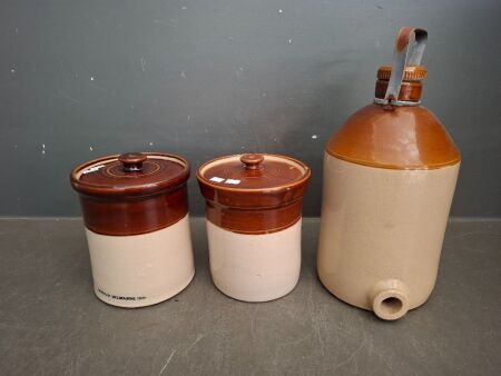Vintage Stoneware Dispensing Crock England & 2 Hoffman Melbourne Stoneware Lidded Containers