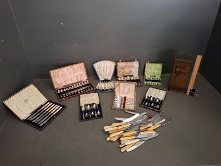 Large Lot of Vintage Cutlery - Incs Assortment of Bone handle Knifes + Various EPNS Teaspoons + EPNS Cake Forks