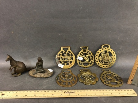 Vintage Brass Kangaroo, 6 Horse Brasses & Little Mermaid on Rock