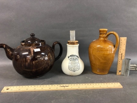 Vintage Dr. Nelson's Inhaler, Salt Glazed French Rum Flagon, Vintage English Tea Pot