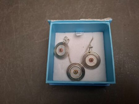 Vintage Laura Beamer Silver Earrings and Necklace - Vinyl Record Shape