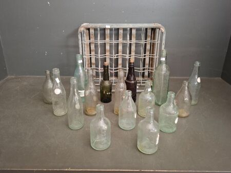 Large Collection of Vintage Glass Bottles in Metal Crate