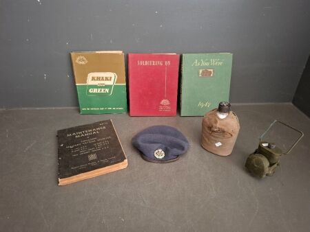 Military Pack inc. WW2 Blackout Lamp, Canister, Army Books