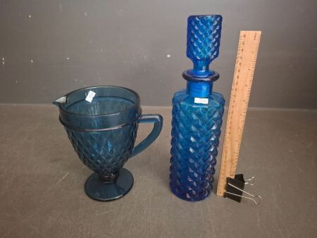 Vintage Cut Blue Glass Pitcher & Decanter
