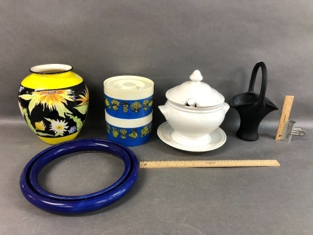 Box Lot of Contemporary Ceramics + Retro Kitchen Cannisters & Black Glass Basket