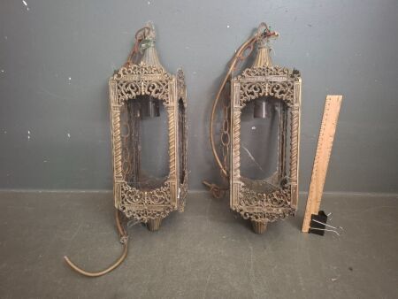 Pair Heavy Gothic Brass Hanging Lights
