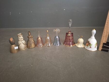 Lot of Vintage Brass + Ceramic + Glass Bells&nbsp;