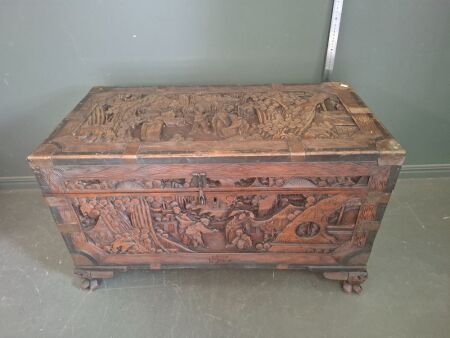 Deep Carved Asian Style Wooden Blanket Box with insert drawer & brass fittings