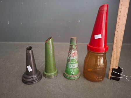 3 Metal Oil Pourers Castrol, The Master, 1 with Dust Top & Plastic Treloar Oil Pourer
