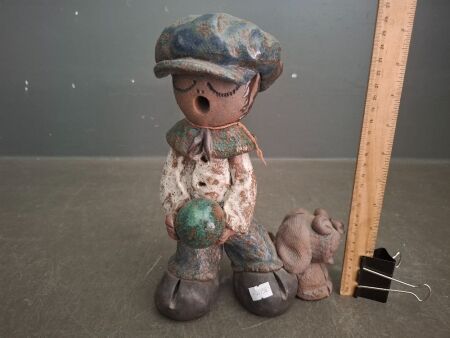 Unique Handmade Clay Singing Boy and Dog Sculpture