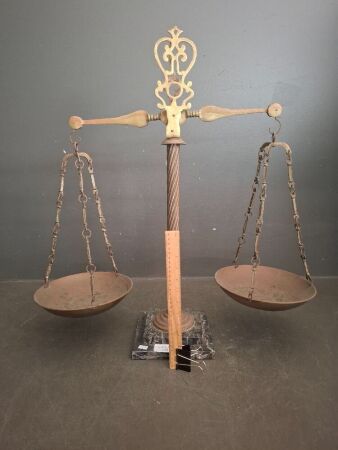Antique Large Brass and Copper Set of Scales with Marble Base