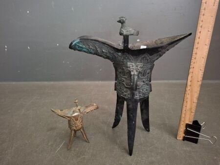 1x Large and 1x Small Antique Chinese Bronze Wine Vessel or Cup