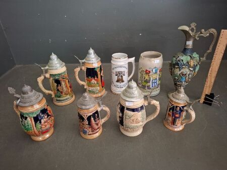 Riprod Vietata Handpainted Italian Pitcher with asst. German Beer Steins
