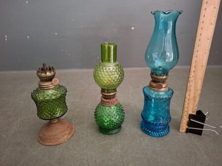 3x Miniature Colourful Glass Oil Lamps