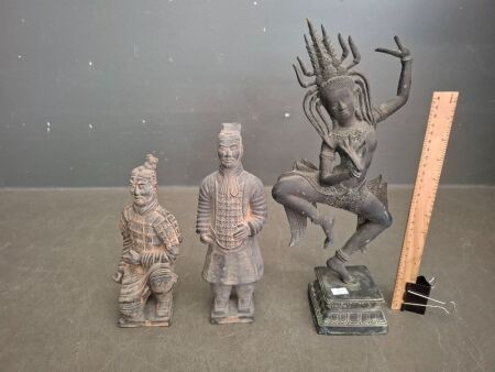 Antique Bronze Cambodian Dancer Statue and 2x Mini Terracotta Warriors - Dancer Statue Approx 410H x 170W