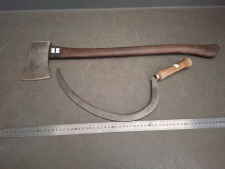 Vintage HB Hults Brux Axe Hatchet with Wood Handle - Made in Sweden + Vintage Hand Sickle