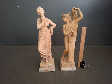 2x Vintage Carved Grecian Lady Statues with Marble Base