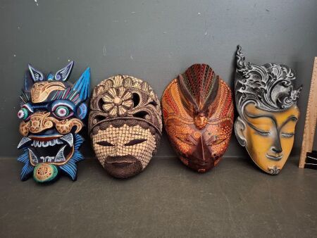 3 x Colourful Wooden Asian Masks and 1 x Plastic Wall Hanger